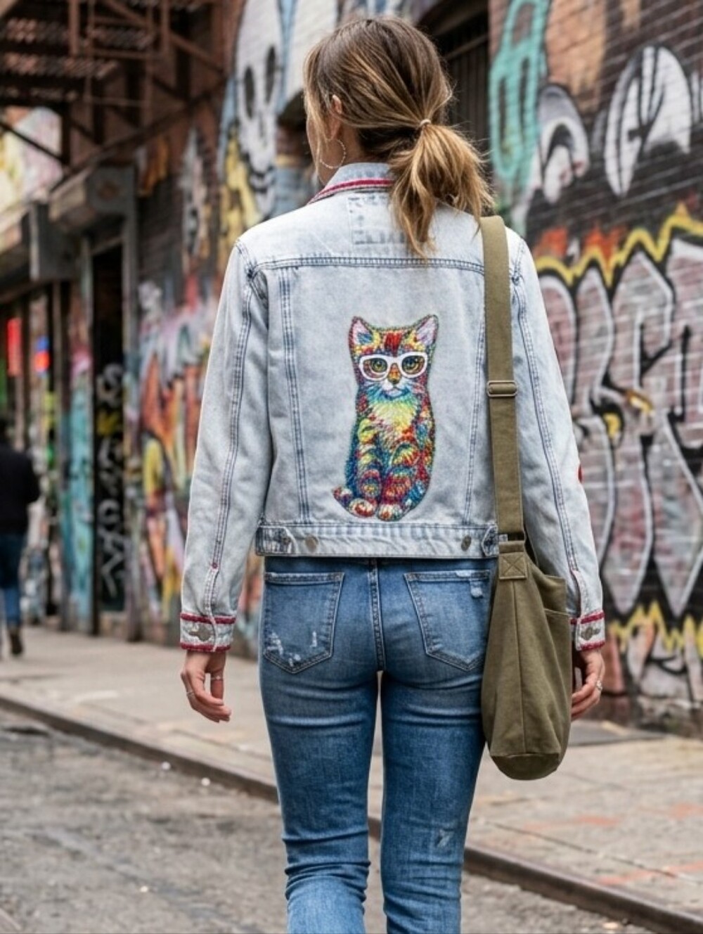 HAND CRAFTED Jacket UPCYCLED Blue Denim Embroidered Cat Glasses Tee Size Small - Picture 3 of 15